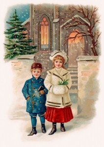 Boy and girl in front of church