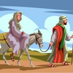 Joseph pulling a donkey with Mary on it