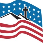 American flag with church and cross