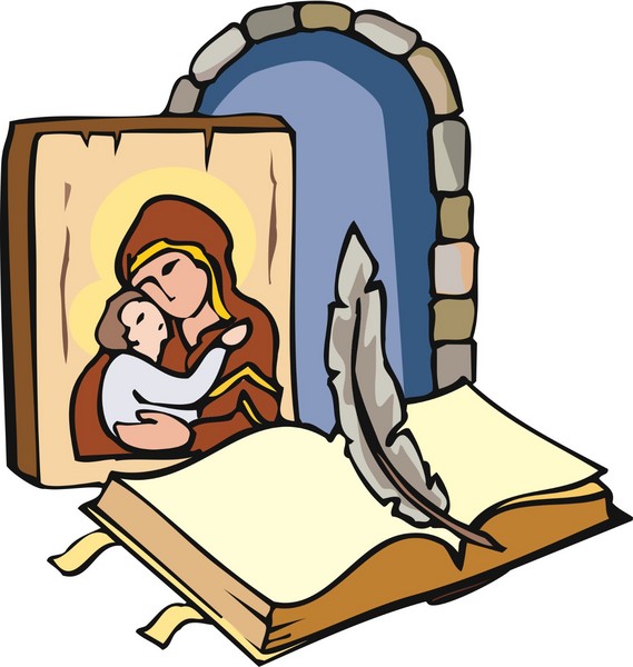 A Bible, quill, and a picture of Mary and a young Jesus