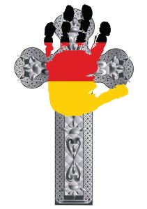 Intricate cross blocked by hand with German flag colors