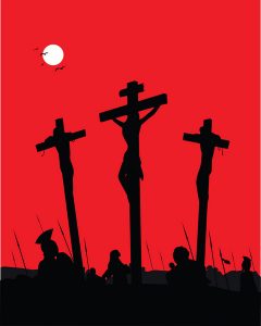 Three crosses with a red sky