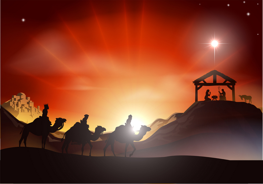 Magi on camels traveling to nativity